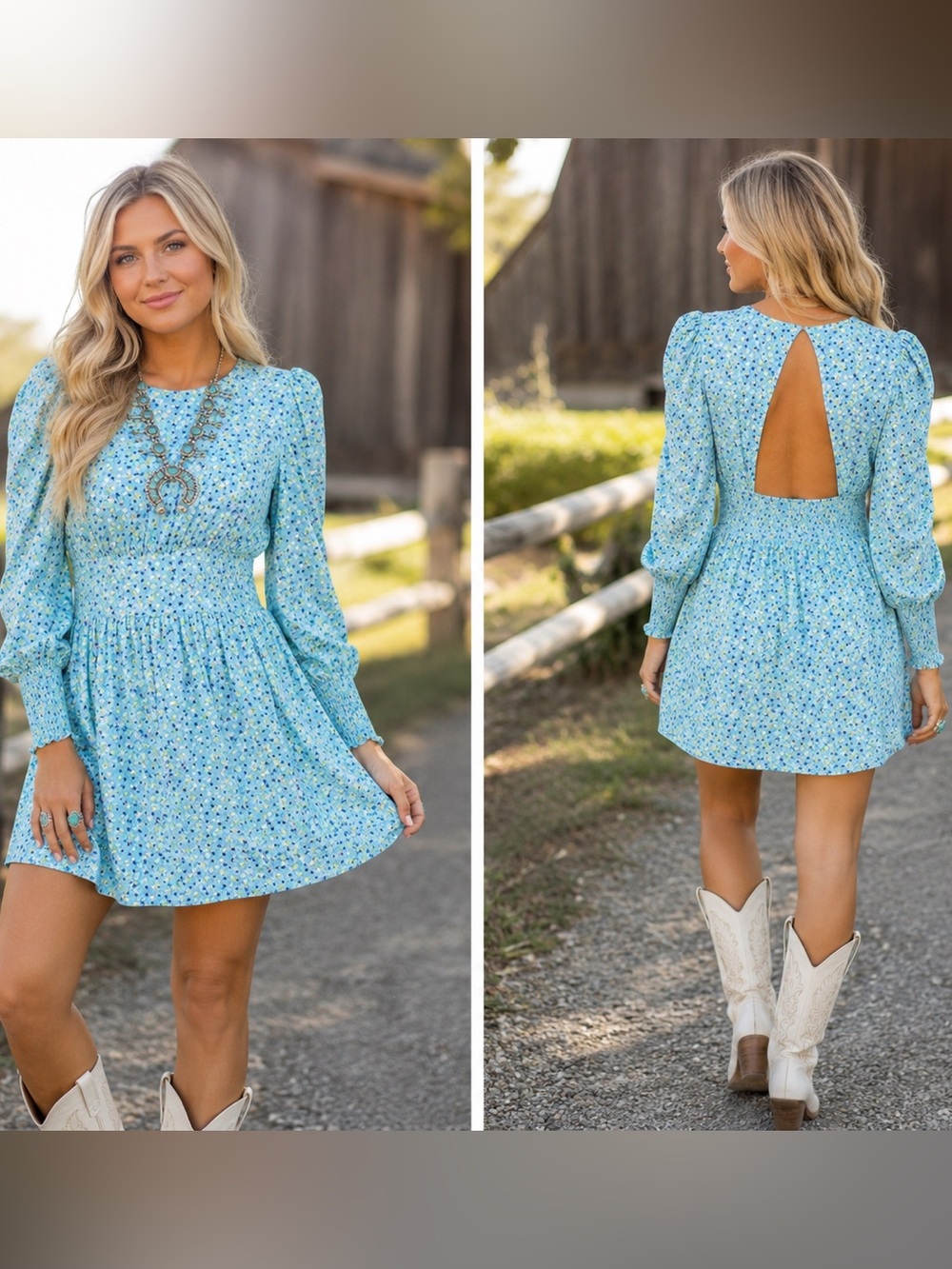 $89 NWT AFRM Floral Puff Sleeve Smocked Back Cutout Dress Blue Ditsy Size XS